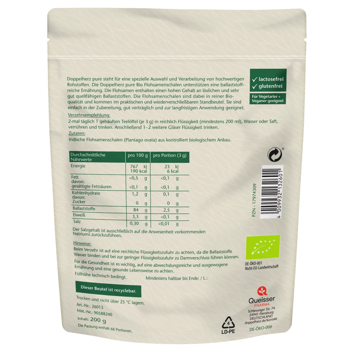 Abbildung der Produktverpackung Doppelherz pure Bio Flohsamenschalen Rückansicht